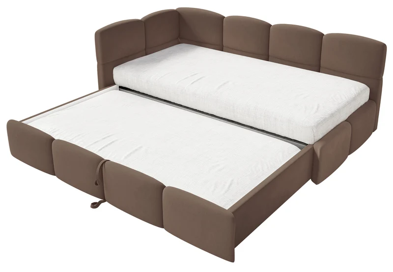 Jugendbett 90x200 cm Cloudy, ausziehbar, linksseitig, mit Matratzen, brauner Velours, wasserabweisend und pflegeleicht