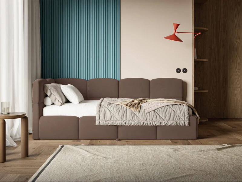 Jugendbett 90x200 cm Cloudy, ausziehbar, linksseitig, mit Matratzen, brauner Velours, wasserabweisend und pflegeleicht