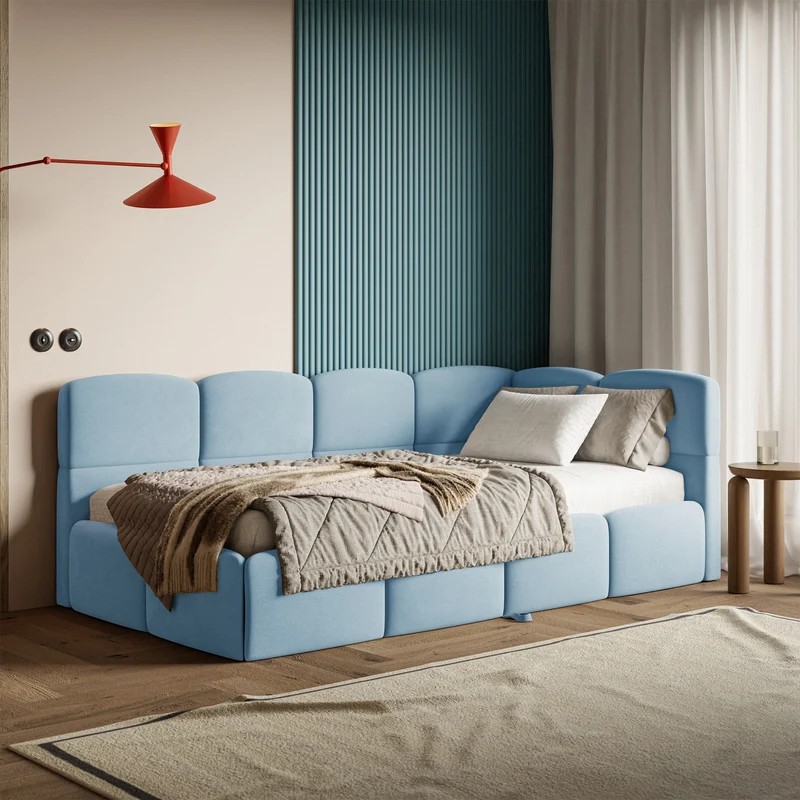 Jugendbett 90x200 cm Cloudy, rechts ausziehbar, mit Matratzen, hellblauer Velours, wasserabweisend und pflegeleicht