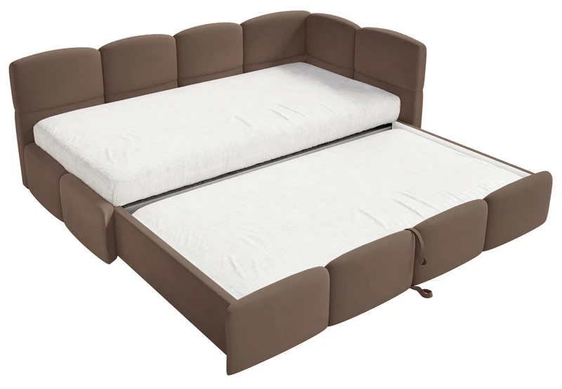 Jugendbett 90x200 cm Cloudy, rechtsseitig ausziehbar, mit Matratzen, brauner Velours, wasserabweisend und pflegeleicht