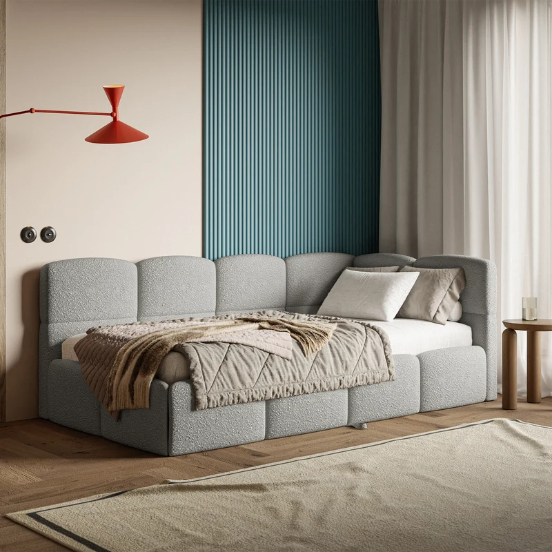 Jugendbett 90x200 cm Cloudy, rechtsseitig ausziehbar, mit Matratzen, grauer Bouclé-Bezug