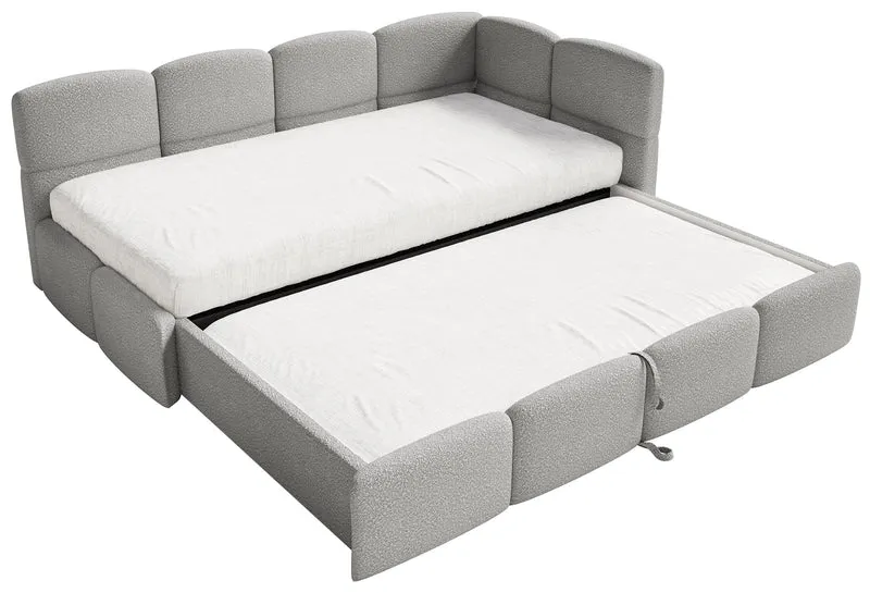 Jugendbett 90x200 cm Cloudy, rechtsseitig ausziehbar, mit Matratzen, grauer Bouclé-Bezug