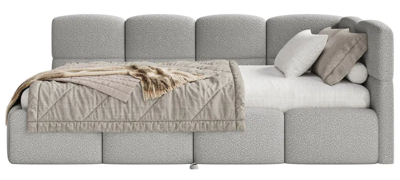 Jugendbett 90x200 cm Cloudy, rechtsseitig ausziehbar, mit Matratzen, grauer Bouclé-Bezug