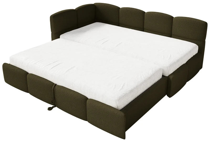 Jugendbett 90x200 cm Cloudy, linksseitig ausziehbar, mit Matratzen, olivgrüner Bouclé-Bezug