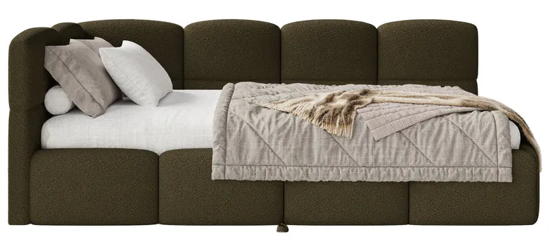 Jugendbett 90x200 cm Cloudy, linksseitig ausziehbar, mit Matratzen, olivgrüner Bouclé-Bezug