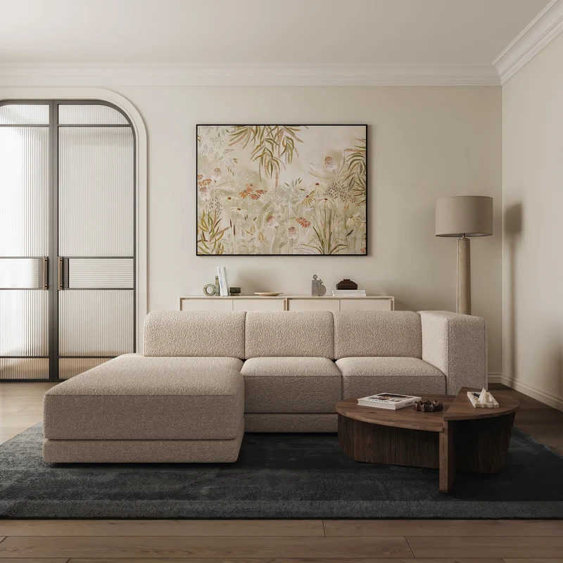 Ecksofa Novals L-förmig links mit verstellbaren Kopfstützen, hellbeige Bouclé