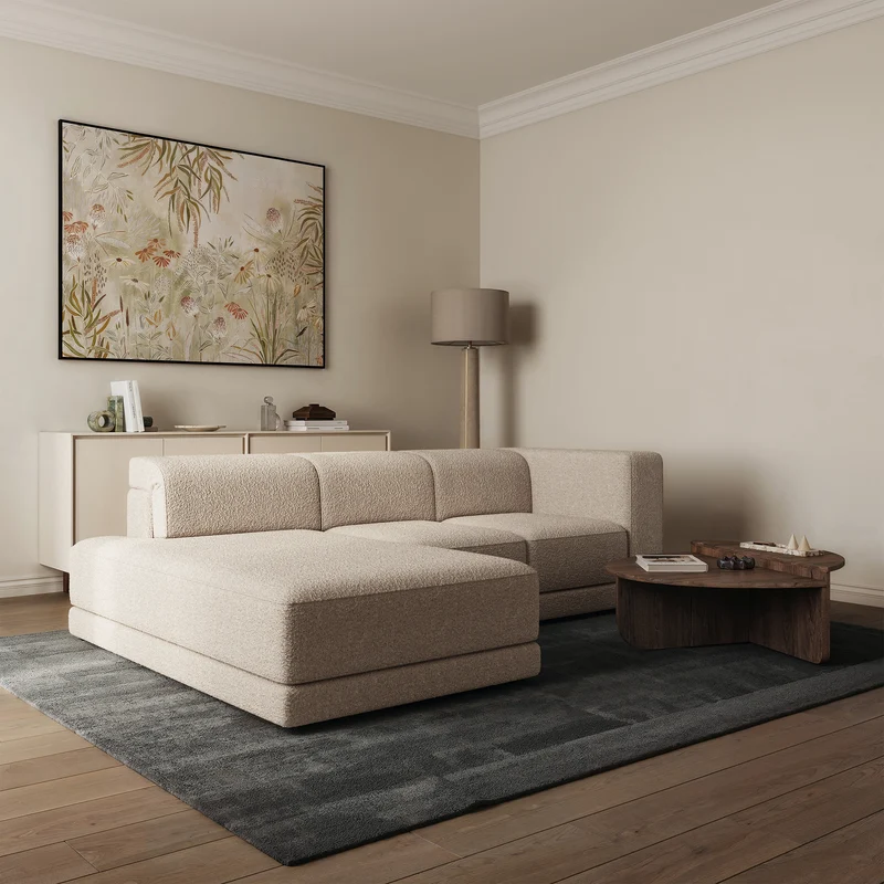 Ecksofa Novals L-förmig links mit verstellbaren Kopfstützen, hellbeige Bouclé