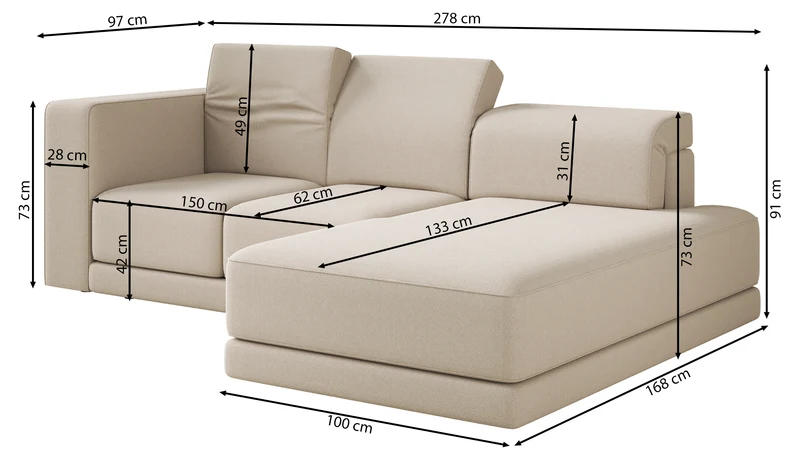 Ecksofa Novals L-förmig links mit verstellbaren Kopfstützen, hellbeige Bouclé