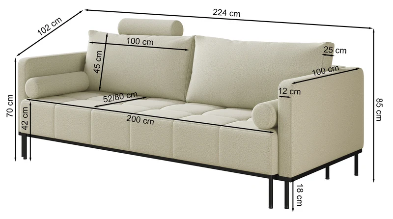 Dreisitziges, ausklappbares Sofa Skilia in Hellgrau, hydrophobes Chenille