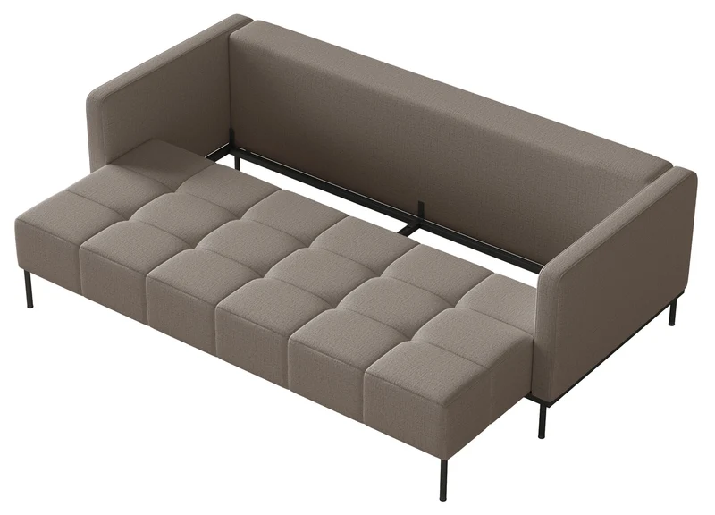 Dreisitziges ausklappbares Sofa Skilia mit Hocker, graubrauner hydrophober Chenille-Stoff