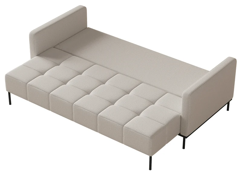 Dreisitziges ausklappbares Sofa Skilia mit Hocker, hellbeiger hydrophober Chenillestoff