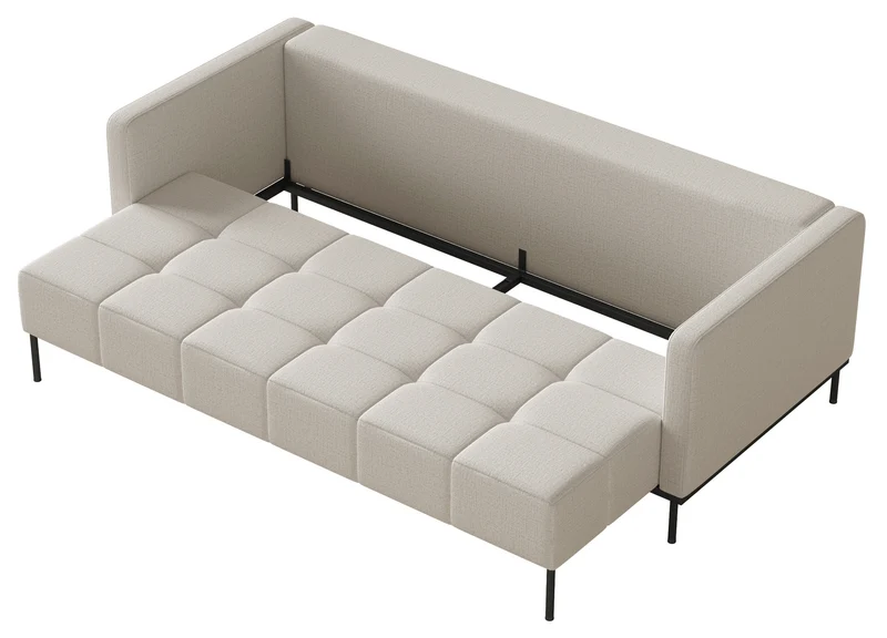 Dreisitziges ausklappbares Sofa Skilia mit Hocker, hellbeiger hydrophober Chenillestoff
