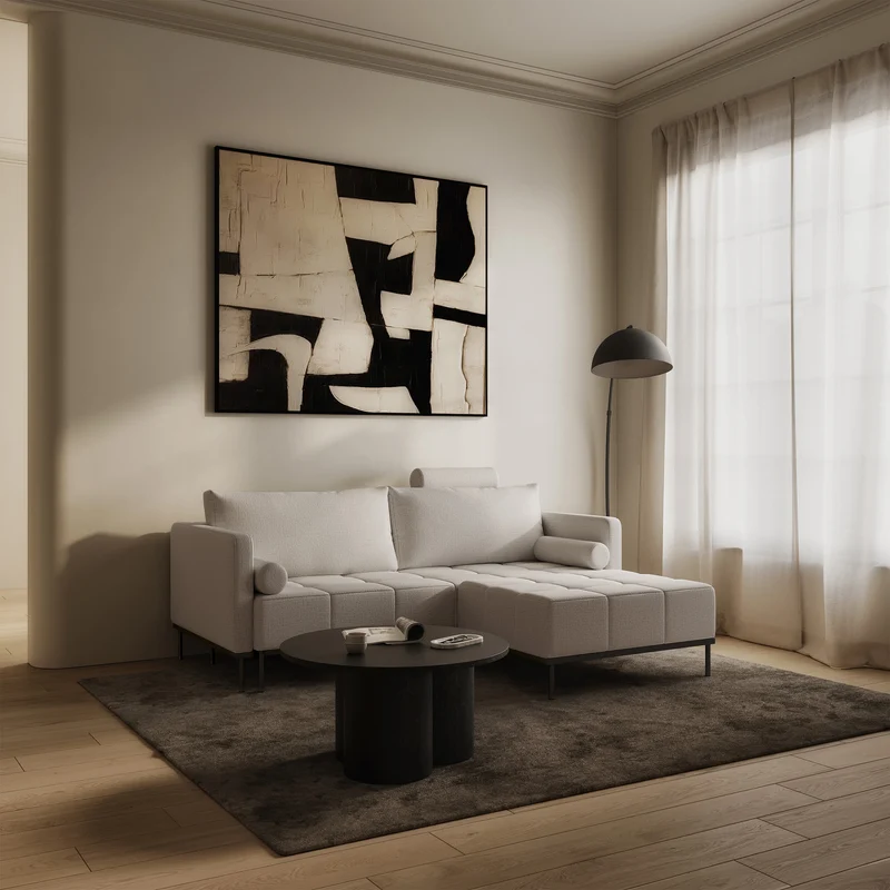 Dreisitziges ausklappbares Sofa Skilia mit Hocker, hellbeiger hydrophober Chenillestoff