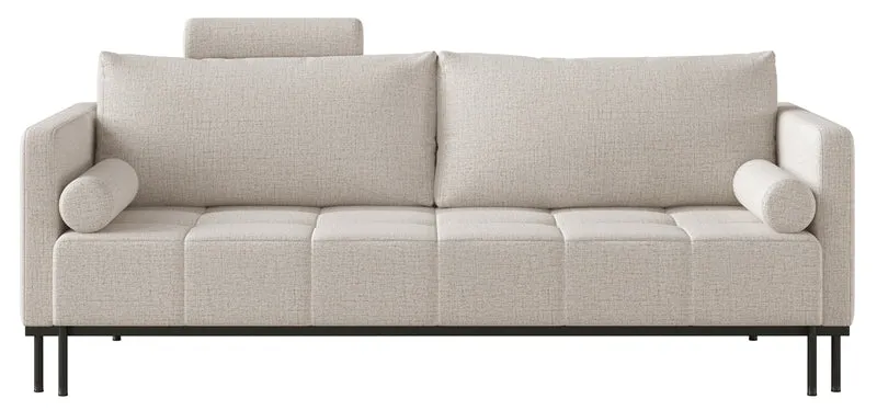 Dreisitziges ausklappbares Sofa Skilia mit Hocker, hellbeiger hydrophober Chenillestoff