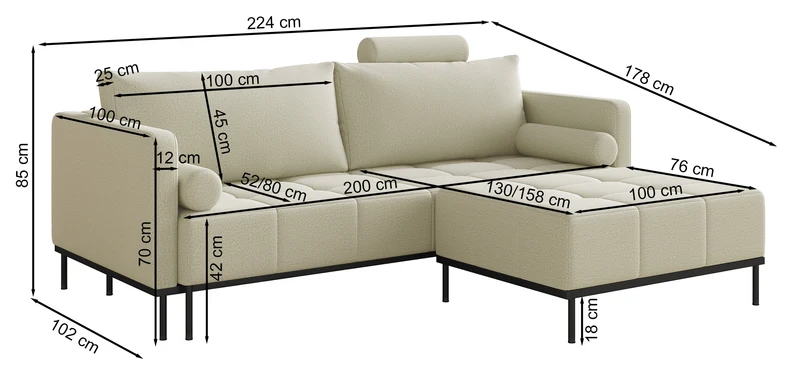 Dreisitziges Schlafsofa Skilia mit Hocker, hellgrauer Chenille-Stoff, wasserabweisend