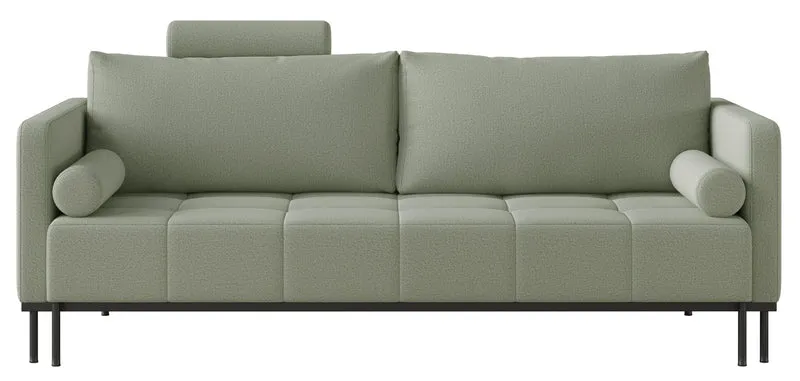 Dreisitziges ausklappbares Sofa Skilia mit Hocker, salbeigrüner, pflegeleichter Strickstoff