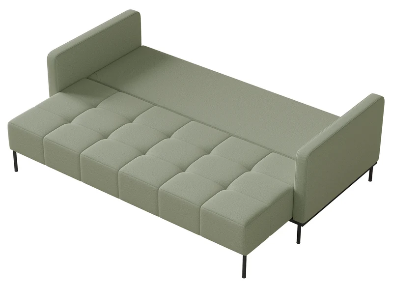 Dreisitziges ausklappbares Sofa Skilia mit Hocker, salbeigrüner, pflegeleichter Strickstoff