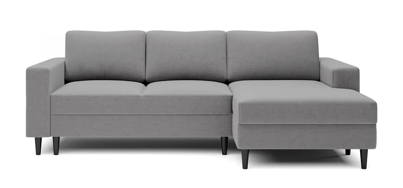Ecksofa mit Schlaffunktion Nalika, L-förmig, mit Stauraum, grauer hydrophober Samt, rechtsseitig