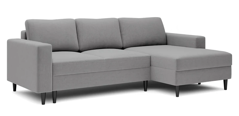 Ecksofa mit Schlaffunktion Nalika, L-förmig, mit Stauraum, grauer hydrophober Samt, rechtsseitig