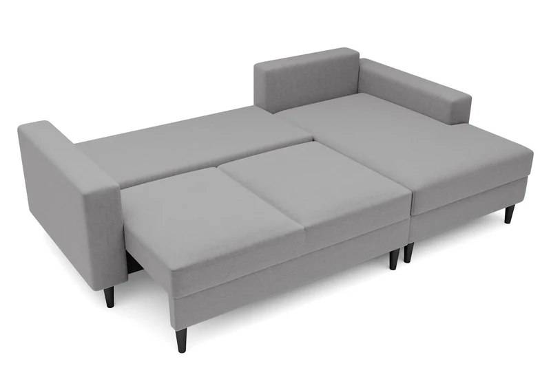 Ecksofa mit Schlaffunktion Nalika, L-förmig, mit Stauraum, grauer hydrophober Samt, rechtsseitig