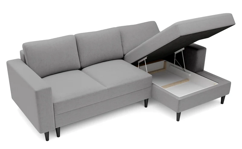 Ecksofa mit Schlaffunktion Nalika, L-förmig, mit Stauraum, grauer hydrophober Samt, rechtsseitig