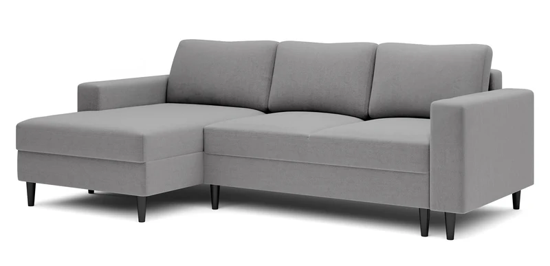Ecksofa mit Schlafunktion Nalika, L-förmig, mit Stauraum, grauer hydrophober Samt, linksseitig
