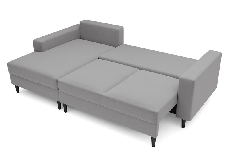 Ecksofa mit Schlafunktion Nalika, L-förmig, mit Stauraum, grauer hydrophober Samt, linksseitig