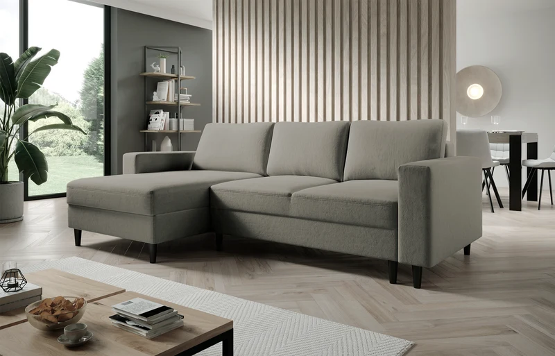 Ecksofa mit Schlaf-Funktion Nalika, L-förmig, mit Stauraum, dunkelbeige, hydrophober Samt, linksseitig