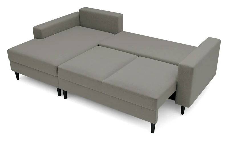 Ecksofa mit Schlaf-Funktion Nalika, L-förmig, mit Stauraum, dunkelbeige, hydrophober Samt, linksseitig