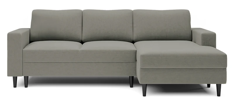Ecksofa mit Schlafunktion Nalika, L-förmig, mit Stauraum, dunkelbeiger, wasserabweisender Samt, rechtsseitig
