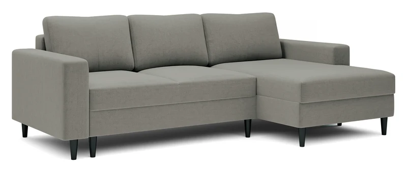 Ecksofa mit Schlafunktion Nalika, L-förmig, mit Stauraum, dunkelbeiger, wasserabweisender Samt, rechtsseitig