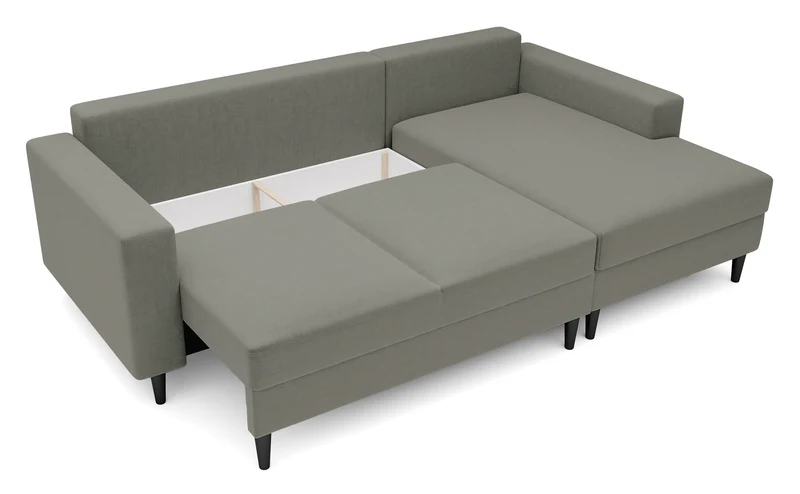 Ecksofa mit Schlafunktion Nalika, L-förmig, mit Stauraum, dunkelbeiger, wasserabweisender Samt, rechtsseitig