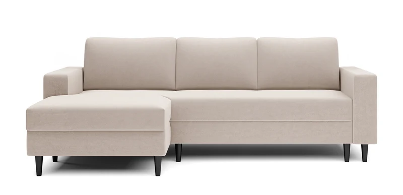 Ecksofa mit Schlaffunktion Nalika, L-förmig, mit Stauraum, cremefarbener, hydrophober Velours, linksseitig