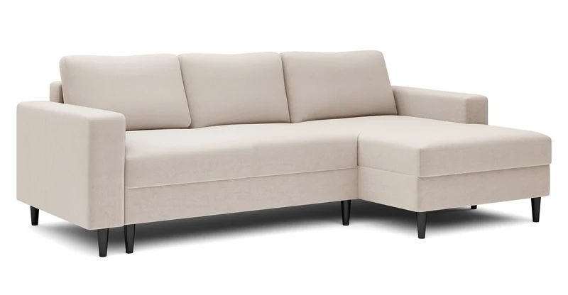 Ecksofa mit Schlaffunktion Nalika, L-förmig, mit Stauraum, cremefarbener wasserabweisender Samt, rechtsseitig