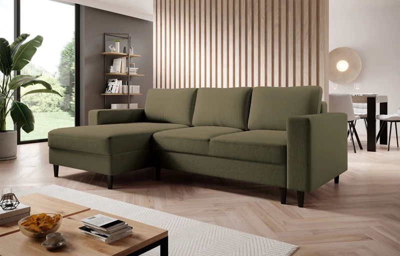 Ecksofa mit Schlaffunktion Nalika, L-förmig, mit Stauraum, olivgrüner hydrophober Samt, linksseitig