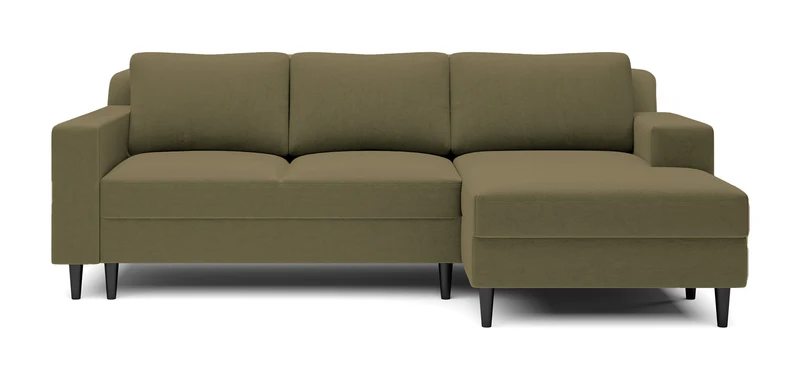 Ecksofa mit Schlafunktion Nalika, L-förmig, mit Stauraum, olivgrüner hydrophober Samt, rechtsseitig