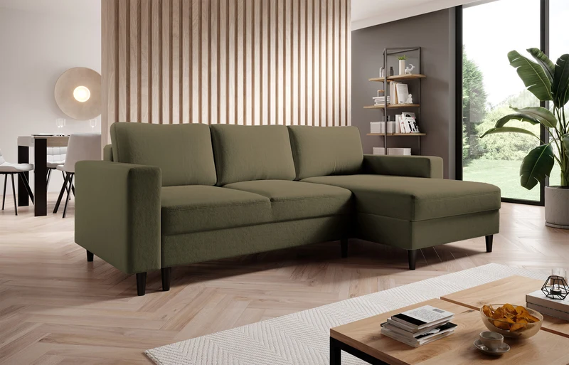 Ecksofa mit Schlafunktion Nalika, L-förmig, mit Stauraum, olivgrüner hydrophober Samt, rechtsseitig