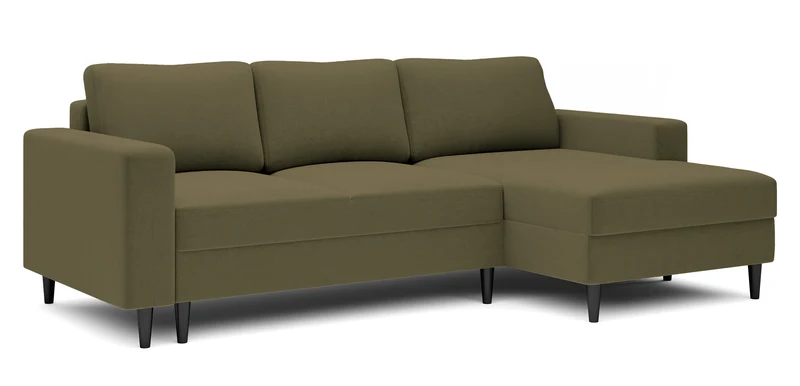 Ecksofa mit Schlafunktion Nalika, L-förmig, mit Stauraum, olivgrüner hydrophober Samt, rechtsseitig