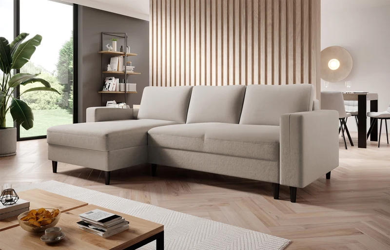 Ecksofa mit Schlafunktion Nalika, L-förmig, mit Stauraum, beige, hydrophober Samt, linksseitig