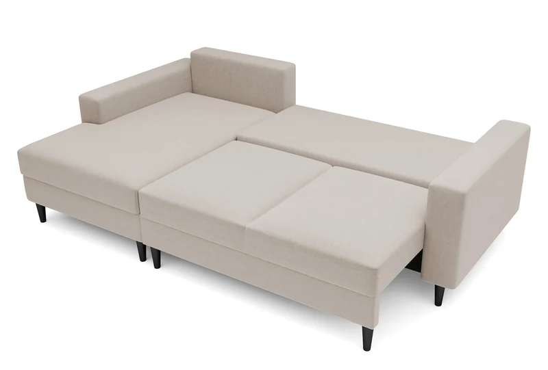 Ecksofa mit Schlafunktion Nalika, L-förmig, mit Stauraum, beige, hydrophober Samt, linksseitig
