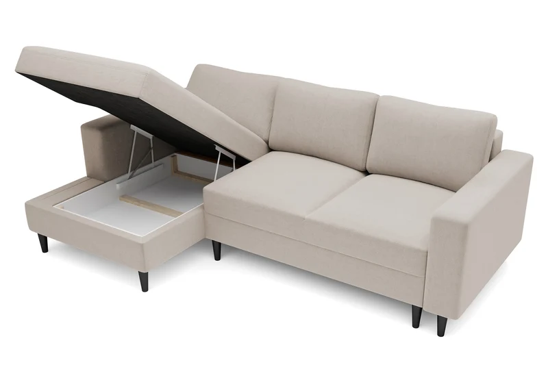Ecksofa mit Schlafunktion Nalika, L-förmig, mit Stauraum, beige, hydrophober Samt, linksseitig