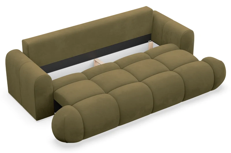 Dreisitziges ausklappbares Sofa Ombo Doce mit Stauraum, olivfarbener Velours, wasserabweisend