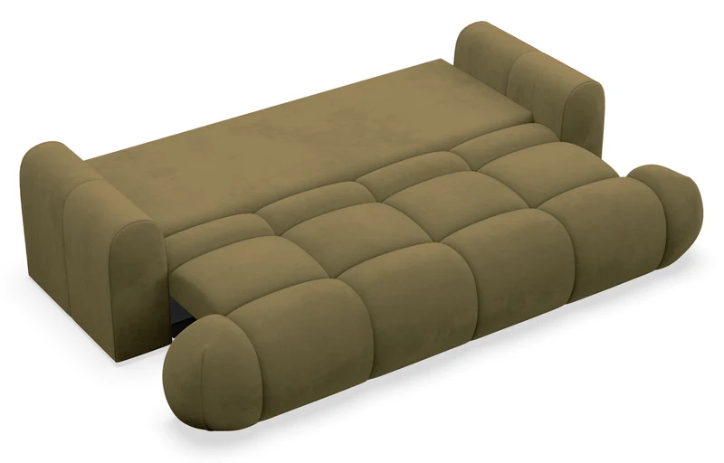 Dreisitziges ausklappbares Sofa Ombo Doce mit Stauraum, olivfarbener Velours, wasserabweisend