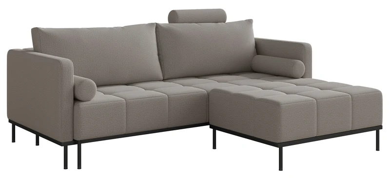 Dreisitziges ausklappbares Sofa Skilia mit Hocker, grauer, pflegeleichter Strickstoff