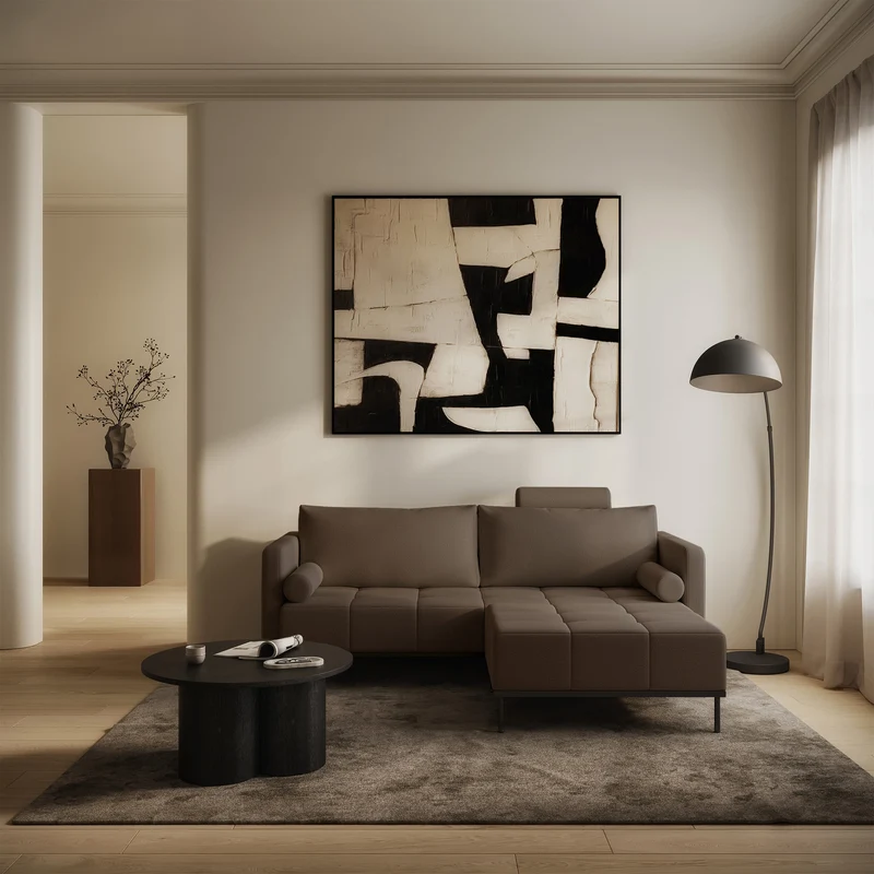 Dreisitziges ausklappbares Sofa Skilia mit Hocker, brauner, leicht zu reinigender Strickstoff