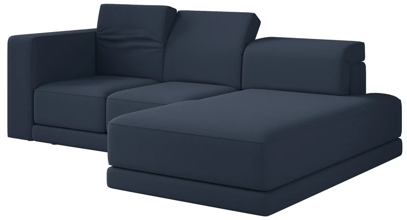 Ecksofa Novals, L-förmig, rechtsseitig mit verstellbaren Kopfstützen, marineblauer Chenille-Stoff