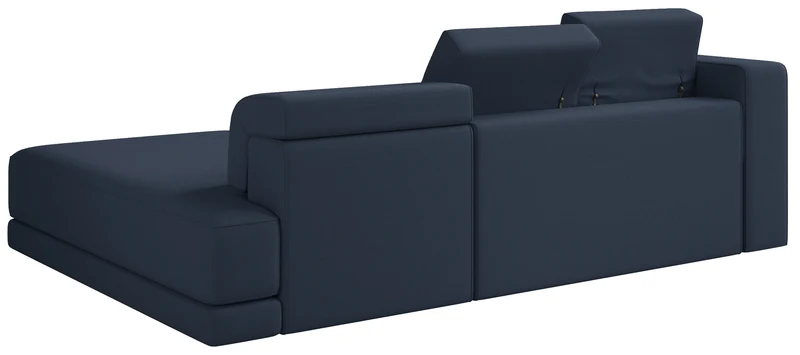 Ecksofa Novals, L-förmig, rechtsseitig mit verstellbaren Kopfstützen, marineblauer Chenille-Stoff