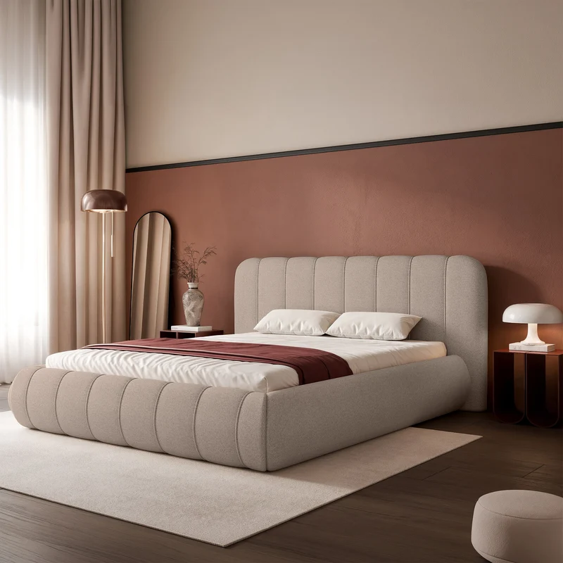Polsterbett 180x200 cm Malunna mit Stauraum, Metallrahmen, hellbeiges Chenille, pflegeleicht