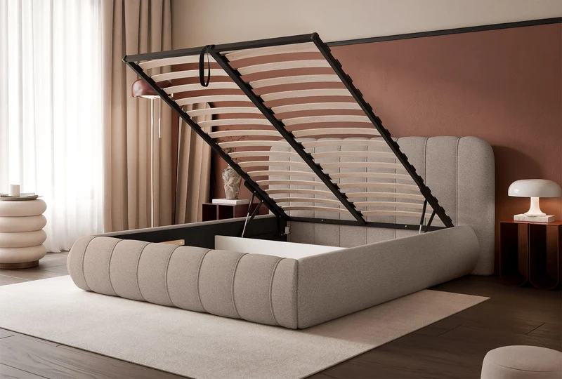 Polsterbett 180x200 cm Malunna mit Stauraum, Metallrahmen, hellbeiges Chenille, pflegeleicht