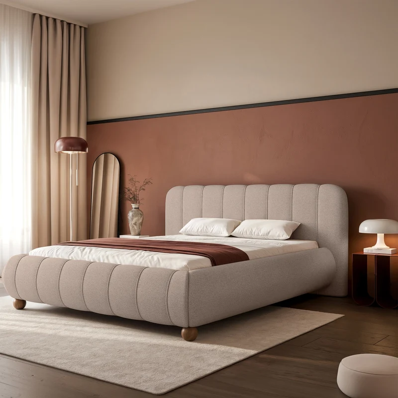 Polsterbett 140x200 cm Malunna mit Stauraum, Metallrahmen, hellbeige-grauer Chenille-Stoff, pflegeleicht, kugelförmige Beine aus lackiertem Buchenholz